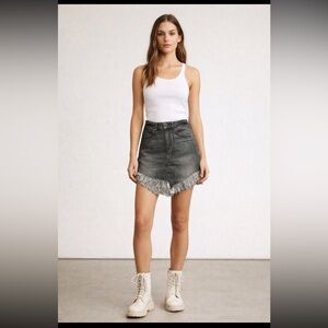 NWT Free People We The Free Maverick Black Denim Fringe Mini Skirt Size 24